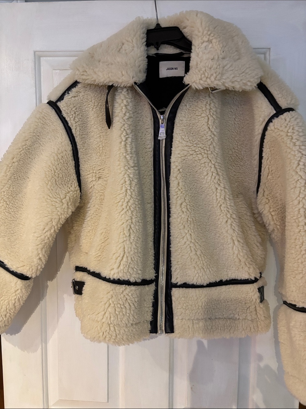 Jason Wu Kids Cream Sherpa Jacket with Black Trim Accents
